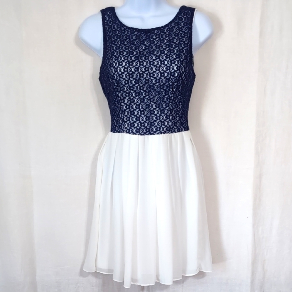 B Darlin Navy Lace Bodice Cream Chiffon Midi Dress